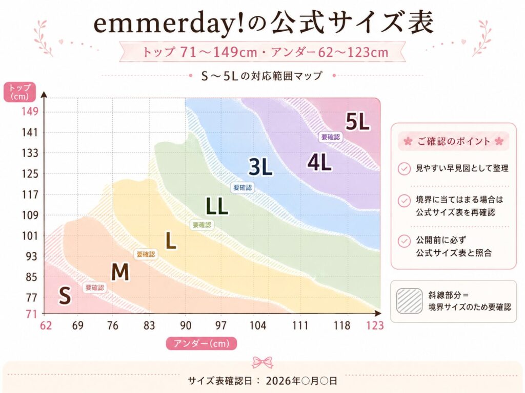 emmerday!の公式サイズ表|トップ71~149cm・アンダー62~123cm