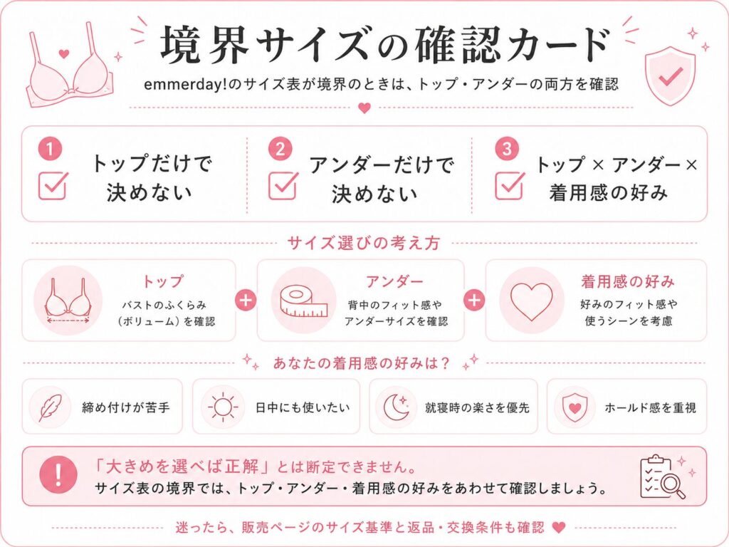 emmerday!のサイズ表の境界ではトップ・アンダーの両方を確認