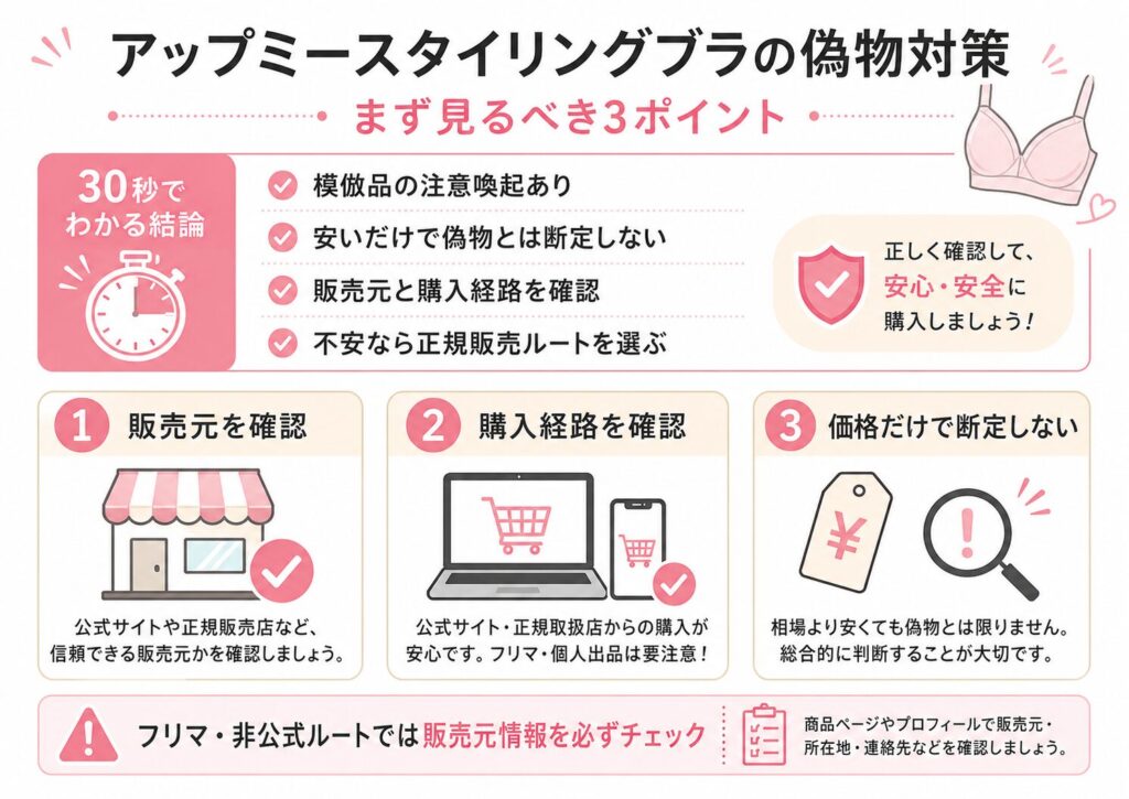 アップミースタイリングブラの偽物対策として販売元と購入経路を確認するポイント
