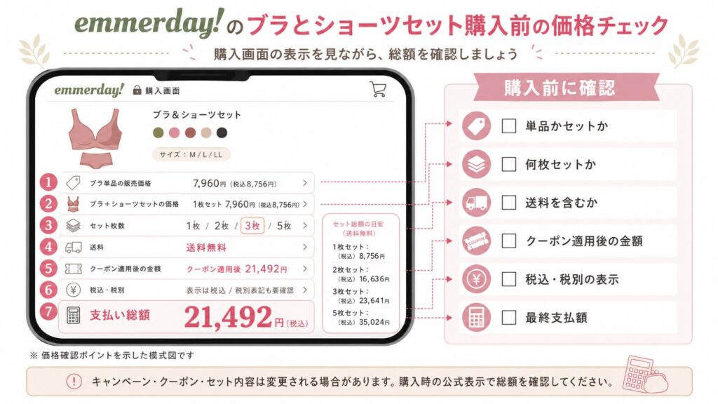 emmerday!のブラとショーツセットの金額は購入時の公式表示を確認