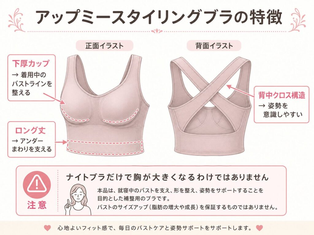 アップミースタイリングブラの下厚カップ背中クロス構造ロング丈の特徴を解説した図解