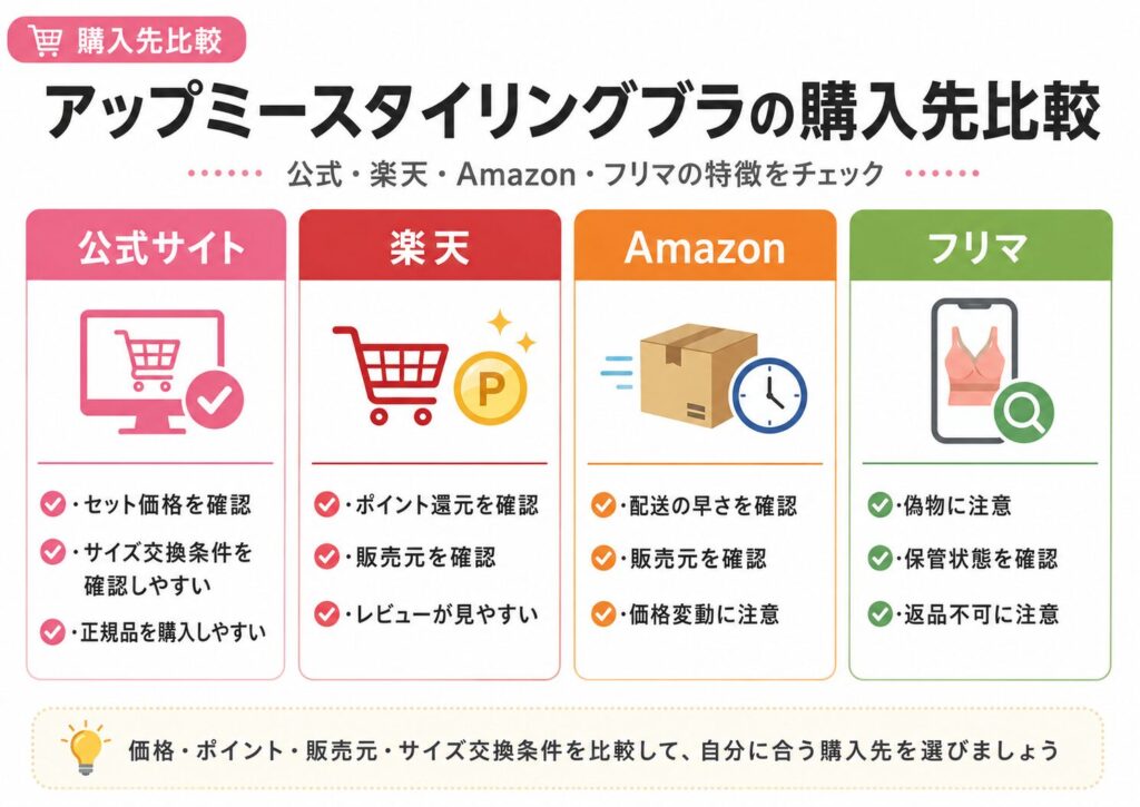 アップミースタイリングブラの公式楽天Amazonフリマ購入時の注意点を比較した表