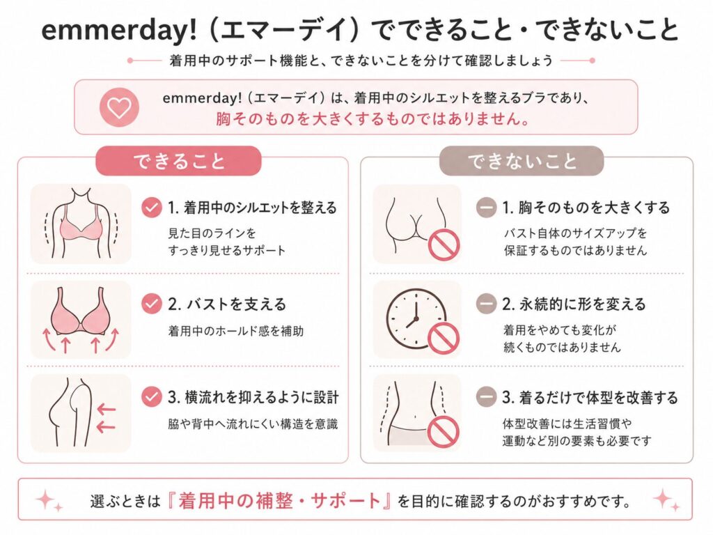 emmerday!(エマーデイ)は着用中のシルエットを整えるブラで胸自体を大きくするものではない