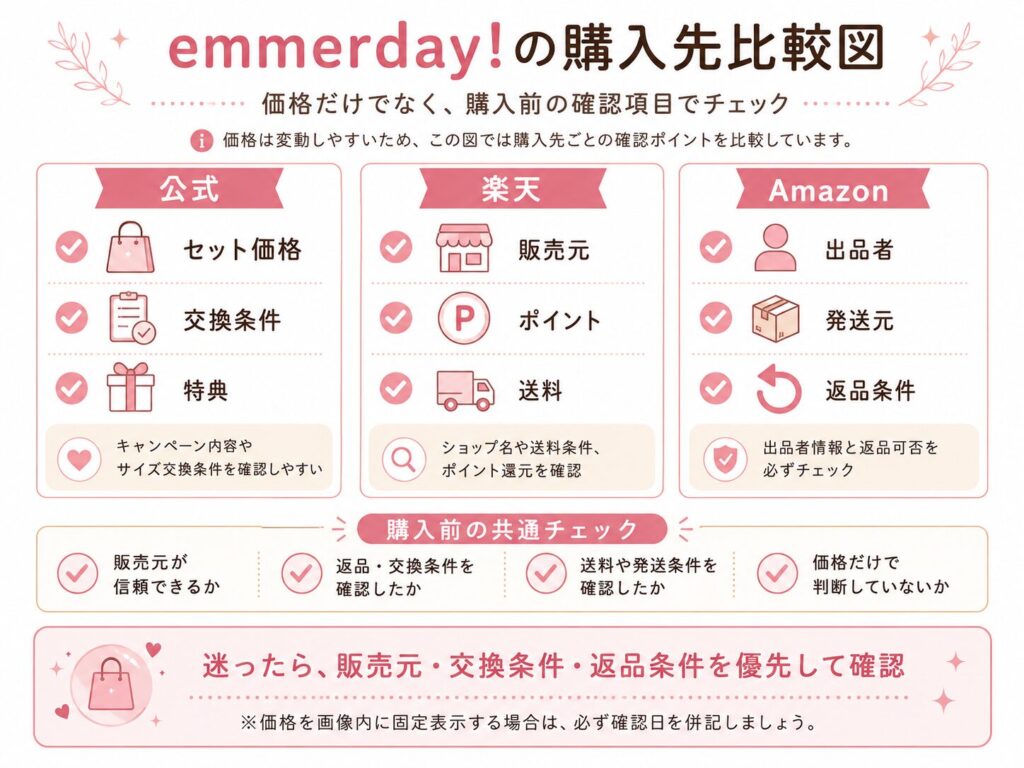 emmerday!の公式・楽天・Amazonの価格を比較