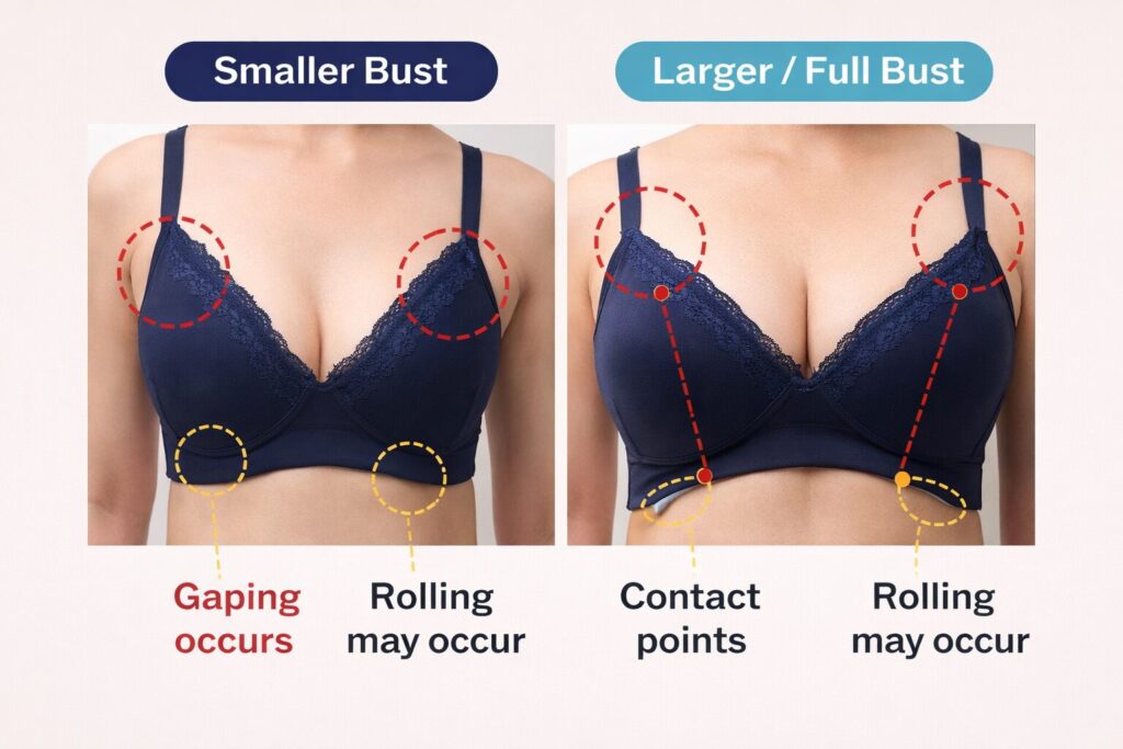 [ナイトブラが小さいバストと大きいバストまたは豊かなバストにどのようにフィットするかを比較した画像。接触点と、隙間や横揺れが発生する可能性のある領域を強調しています]