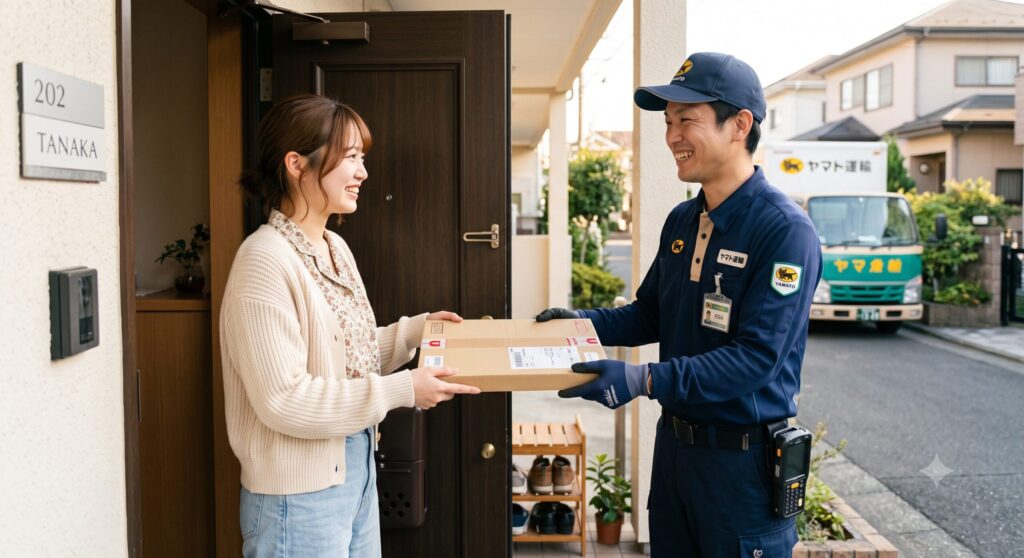 宅配便のお兄さんが、若い女性の家に薄い箱の梱包された箱を丁寧に届けてくれました!