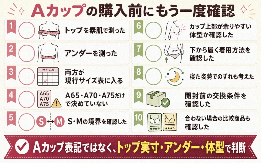 まとめ|Aカップという表記だけでなくトップ実寸と体型で判断しよう