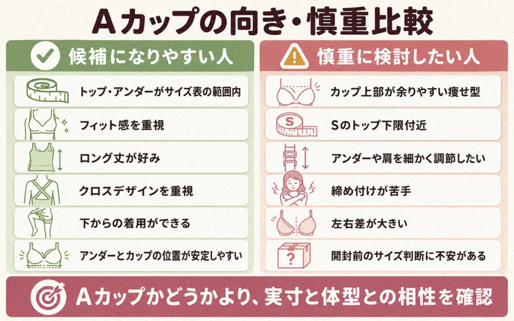 アップミースタイリングブラがAカップで向いている人・慎重に検討したい人